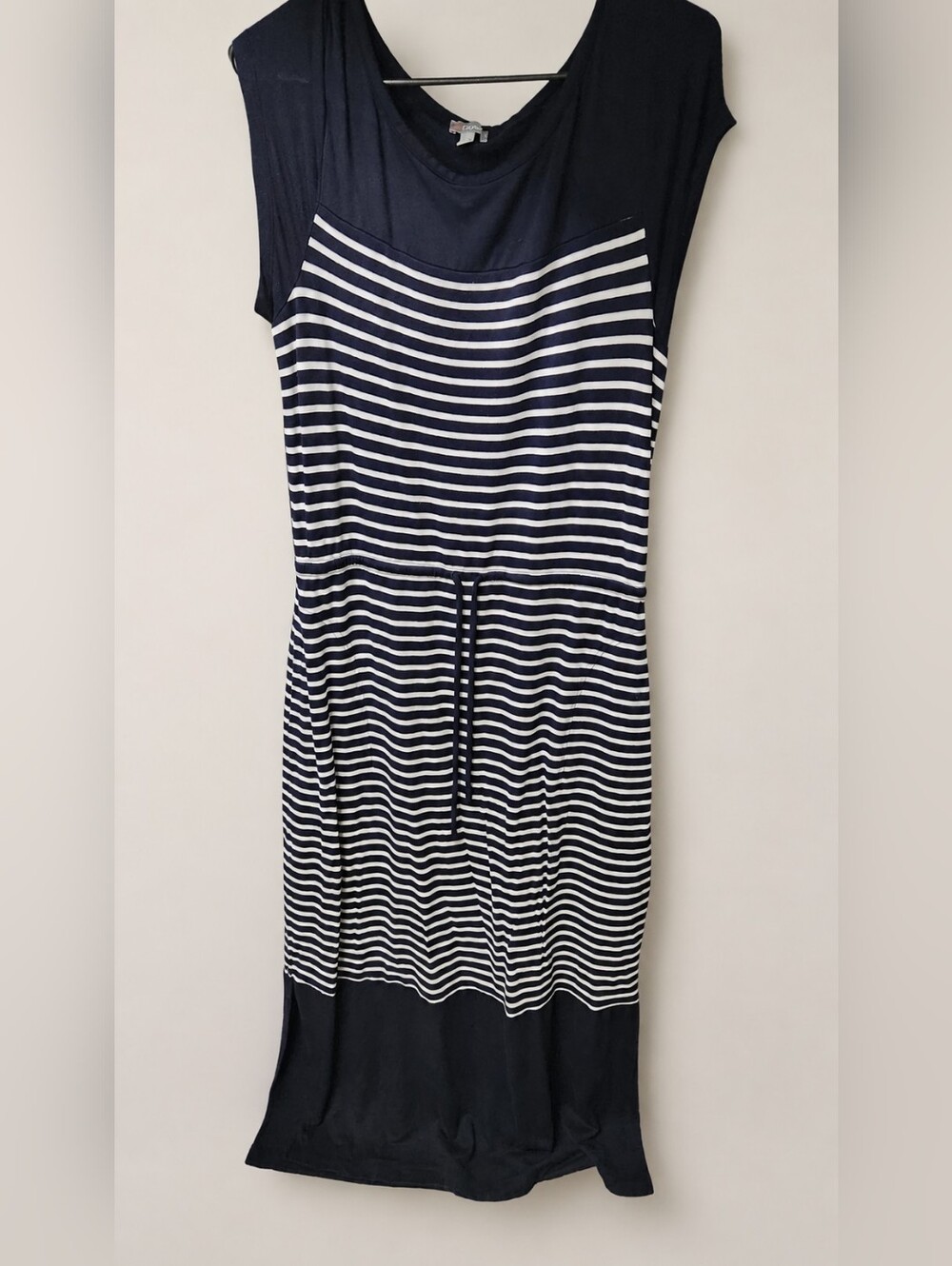 Talbots Preppy Navy White Striped Modal Maxi Dress Drawstring Waist L - Picture 2 of 15